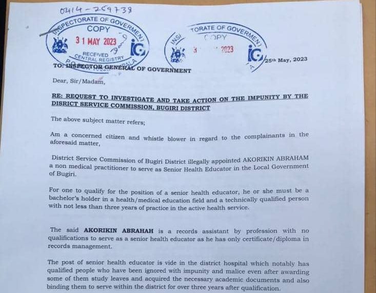 Bugiri District Service Commission in trouble: Non-medical practitioner appointed Health Educator, concerned citizen petitions IGG
