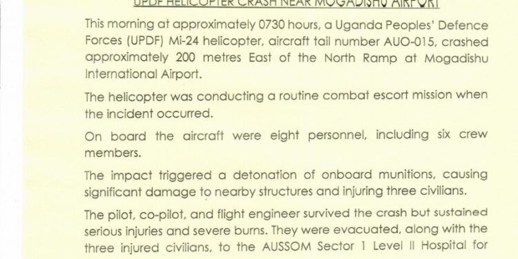 Tragedy in Mogadishu: UPDF Helicopter Crashes Near Airport, 5 Confirmed Dead